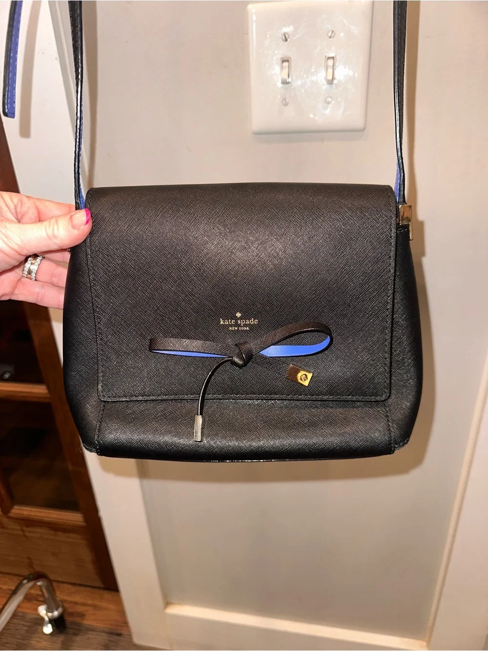 Kate Spade Bow Details Black Leather Crossbody with Blue Accents